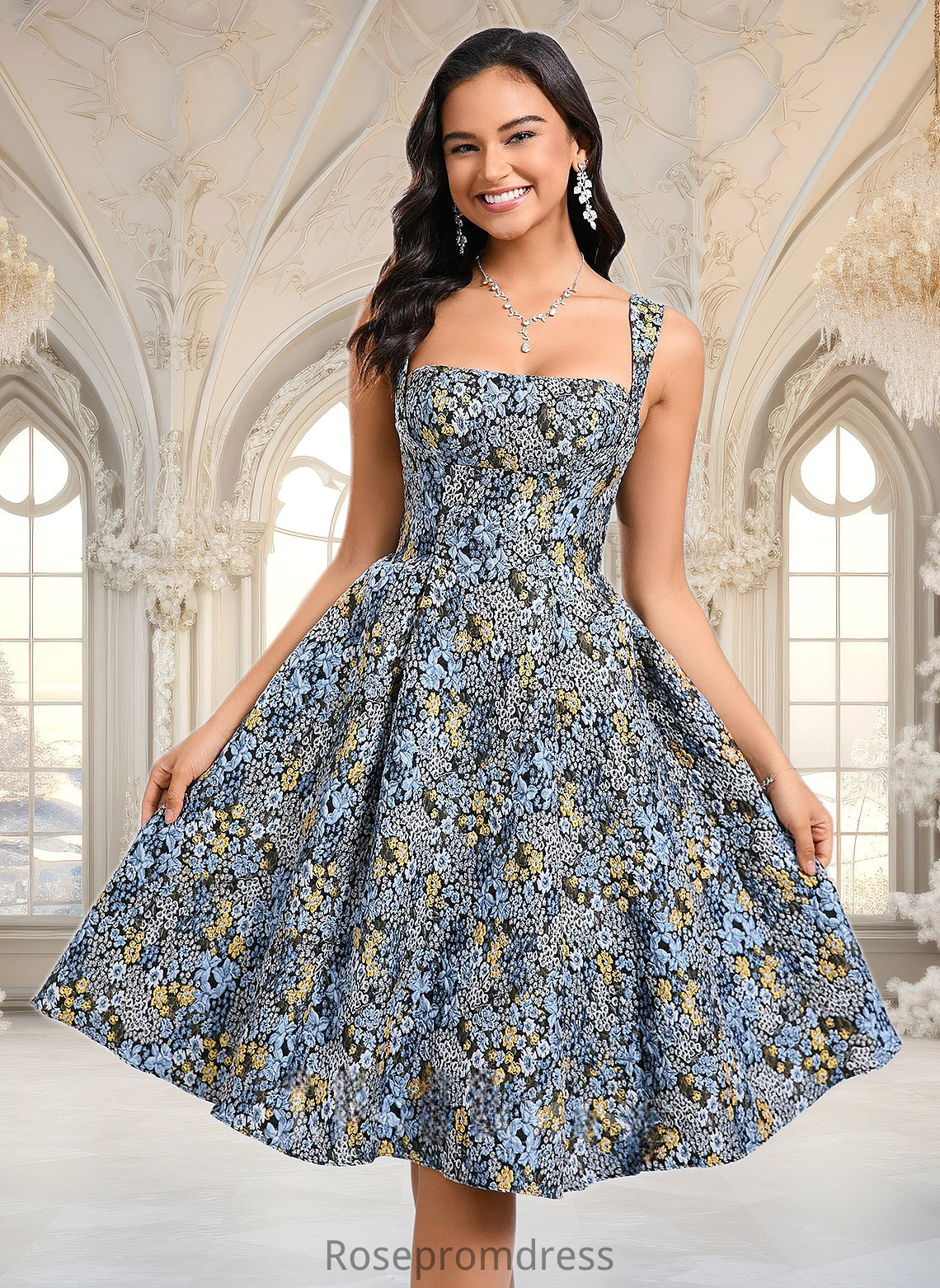 Giada A-line Square Knee-Length Jacquard Homecoming Dress With Bow DSP0025687