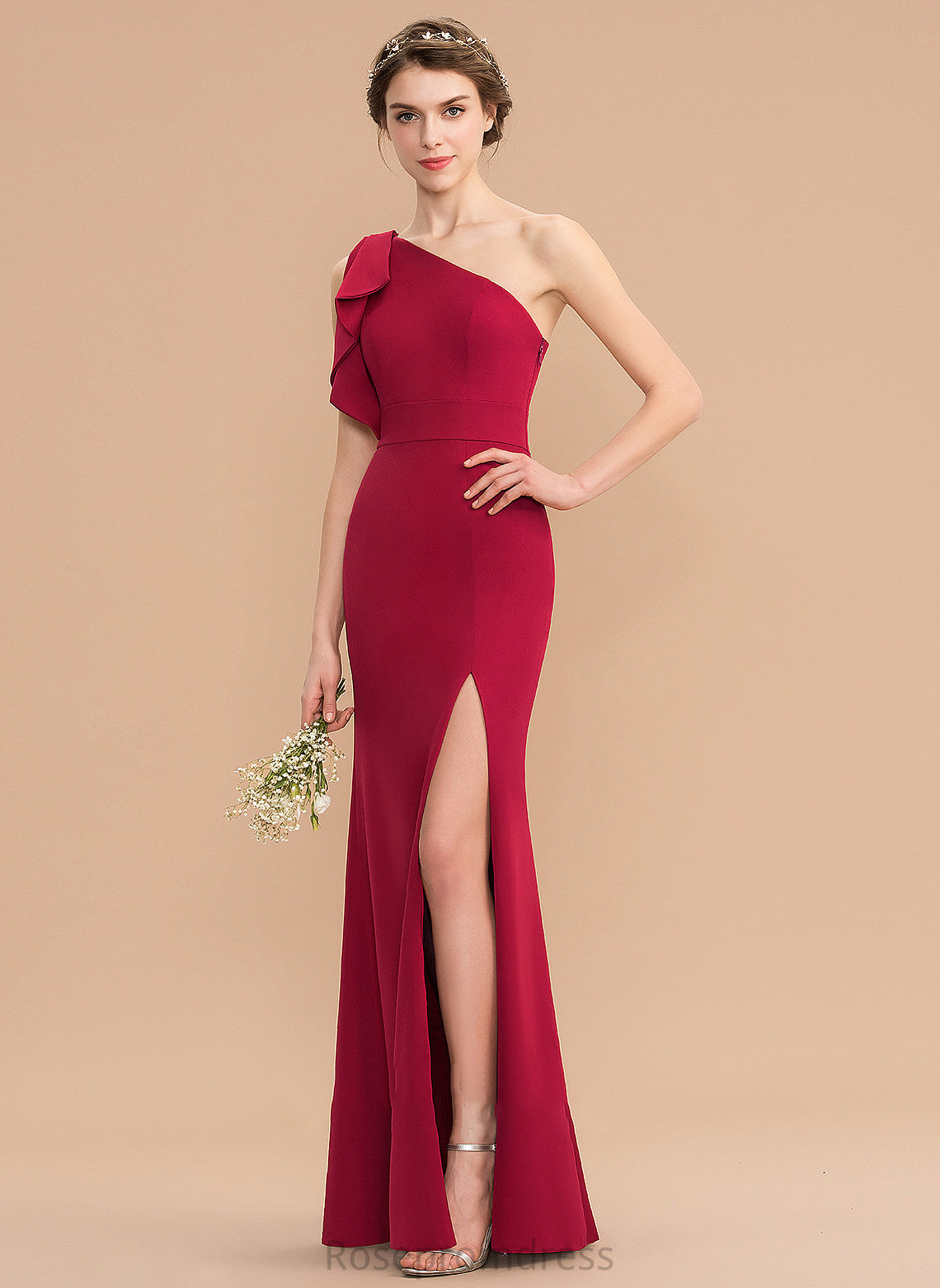 One-Shoulder Length Silhouette SplitFront Embellishment Floor-Length Sheath/Column Neckline Fabric Ashlyn Bridesmaid Dresses
