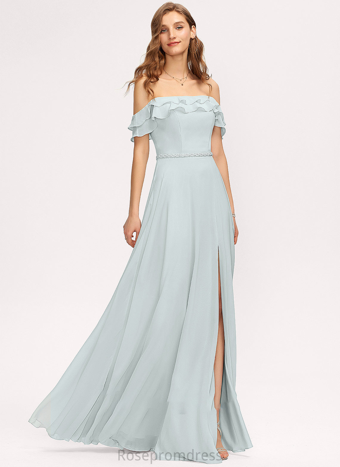 Off-the-Shoulder Neckline Fabric SplitFront CascadingRuffles Silhouette Embellishment Floor-Length A-Line Length Beading Harriet Bridesmaid Dresses