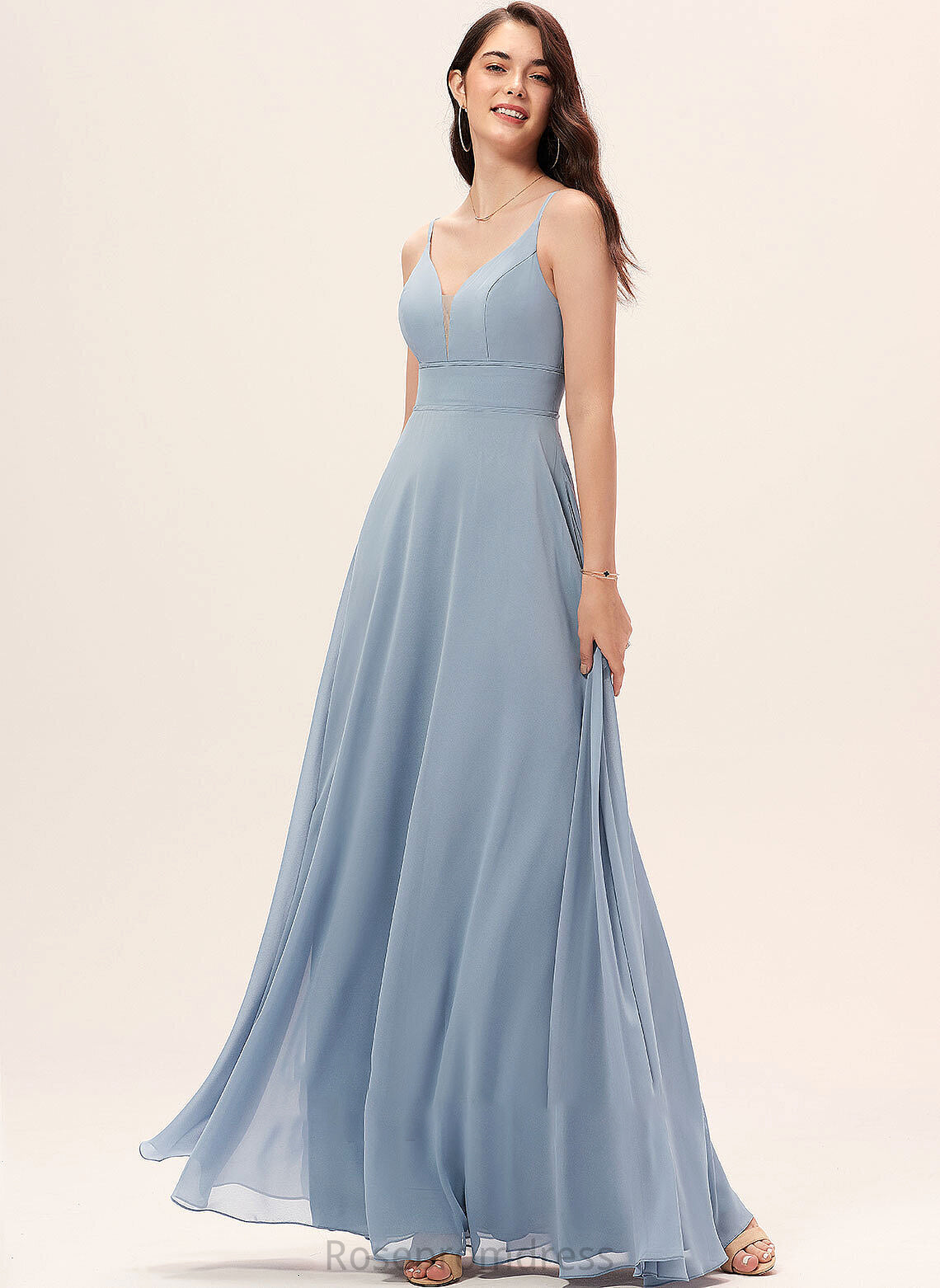 Neckline Floor-Length A-Line Length Silhouette Fabric V-neck Straps Hazel Sleeveless Natural Waist Floor Length Bridesmaid Dresses