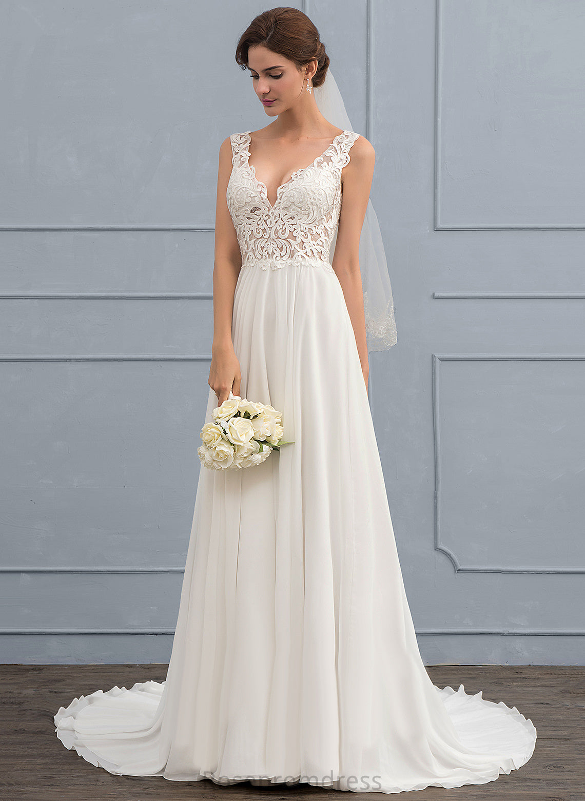 Court Chiffon A-Line Dress Train Wedding Dresses Wedding Lace V-neck Salome
