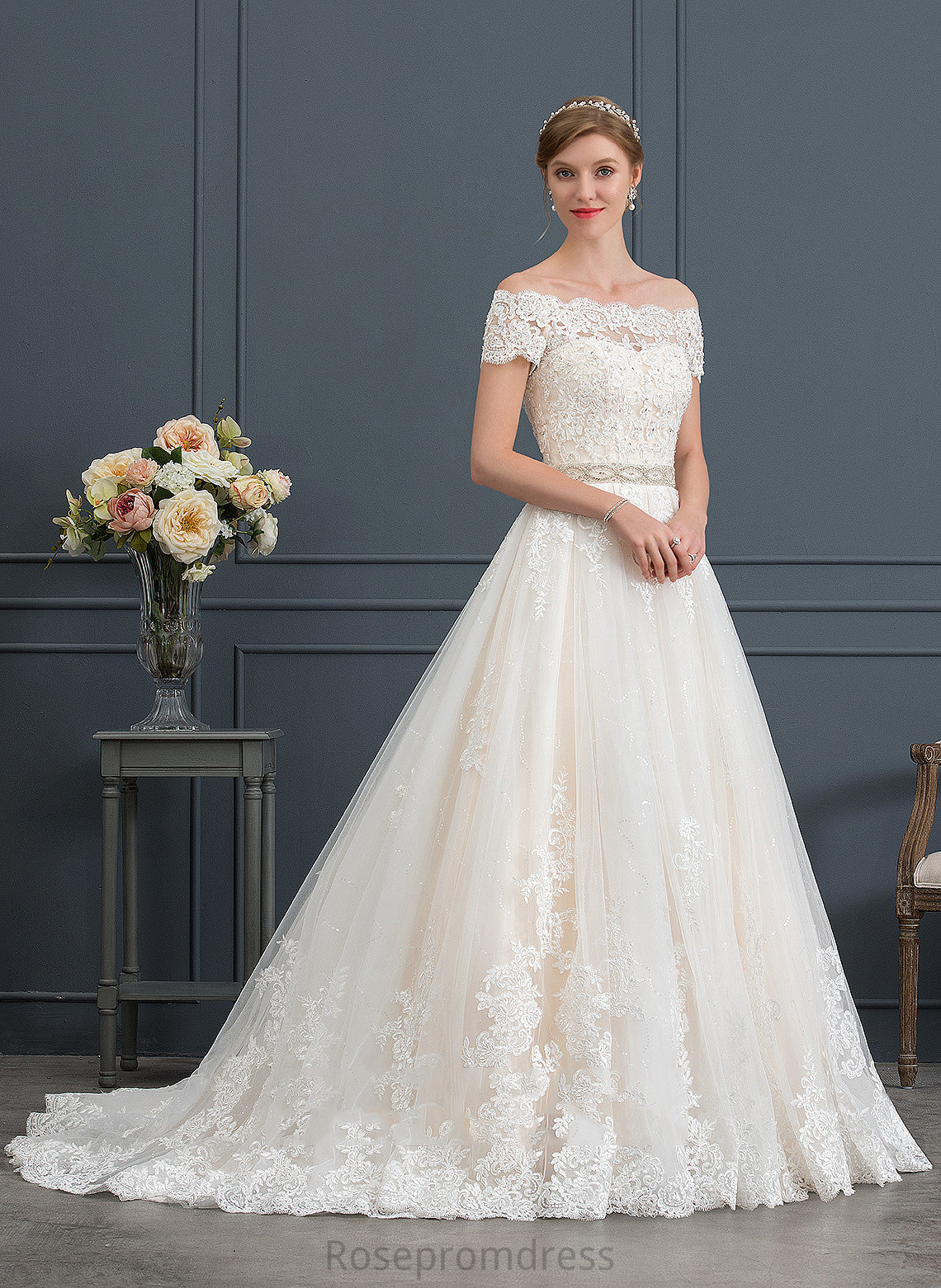 Ball-Gown/Princess Wedding Dresses Lace Dress Wedding With Sequins Tulle Court Beading Train Off-the-Shoulder Dominique
