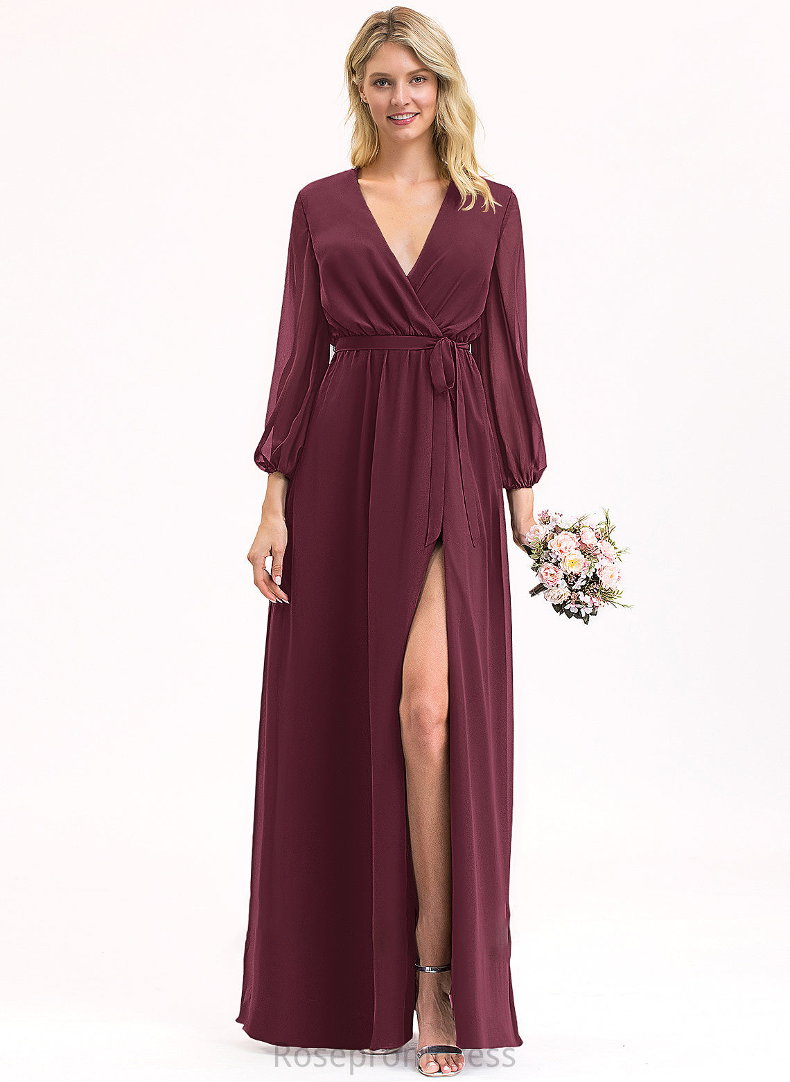 Neckline SplitFront Length Ruffle Fabric A-Line Bow(s) Floor-Length Silhouette V-neck Embellishment Katelyn Bridesmaid Dresses