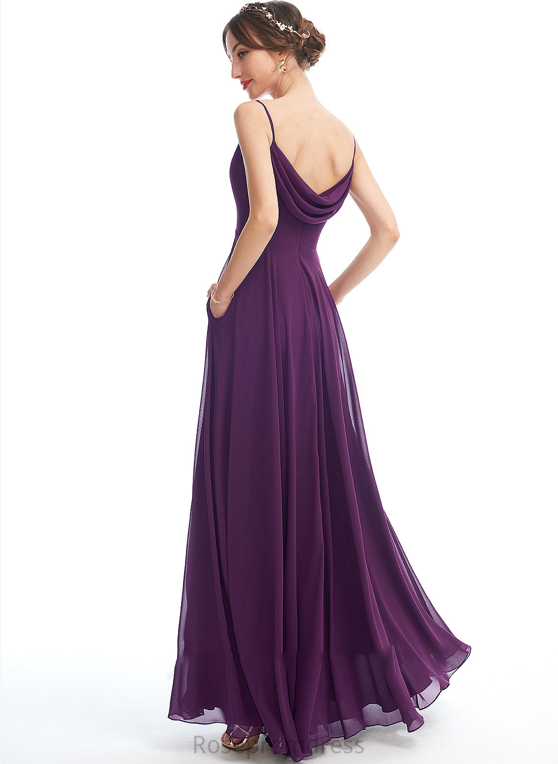 Pockets Embellishment A-Line Length Floor-Length V-neck Fabric Silhouette Neckline Gertie Natural Waist Spaghetti Staps Bridesmaid Dresses