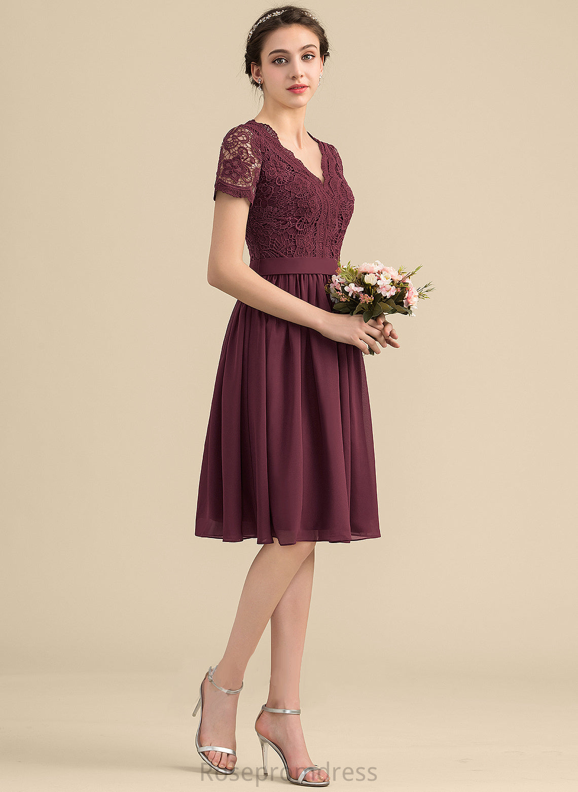A-Line Neckline Lace Straps Length V-neck Silhouette Fabric Knee-Length Pauline Natural Waist Sleeveless Bridesmaid Dresses