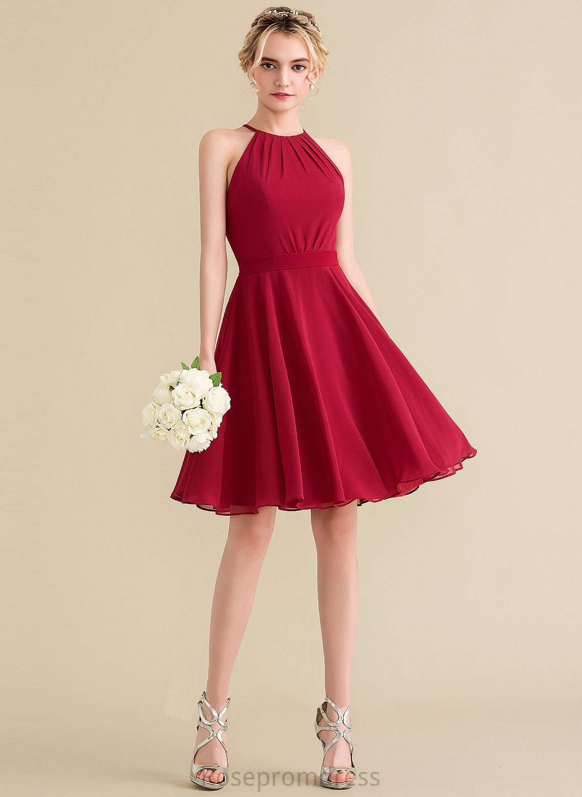 Neckline Fabric Knee-Length ScoopNeck Silhouette A-Line Bow(s) Ruffle Length Embellishment Kinsley Natural Waist Bridesmaid Dresses