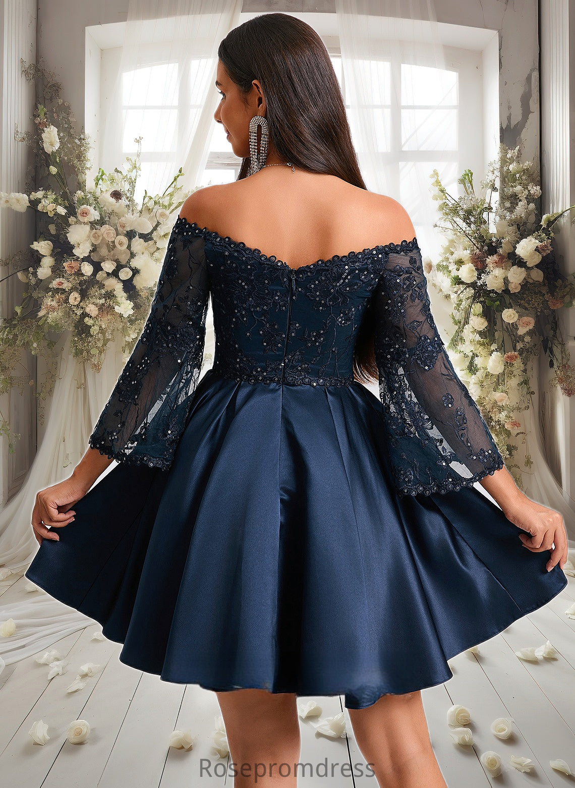 Nyasia A-line Off the Shoulder Short Satin Homecoming Dress With Sequins DSP0025651
