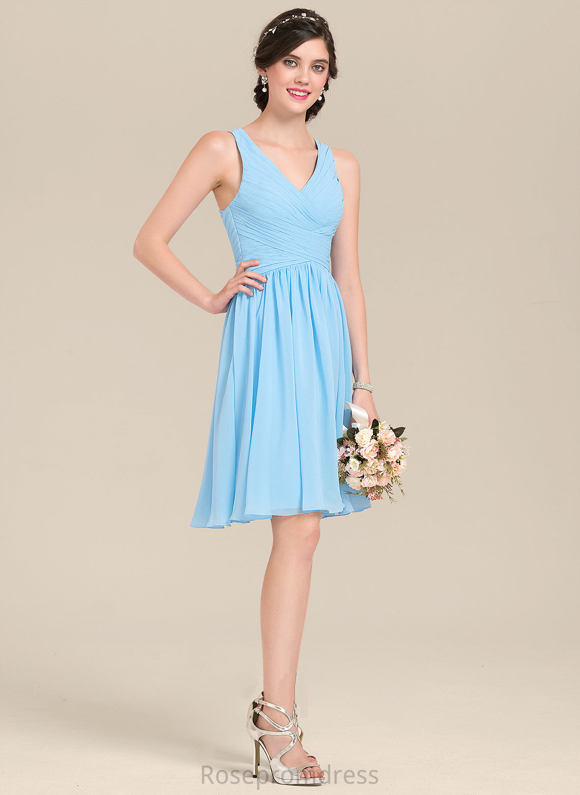 Neckline Length Fabric A-Line Silhouette Embellishment Knee-Length Ruffle V-neck Marin Bridesmaid Dresses