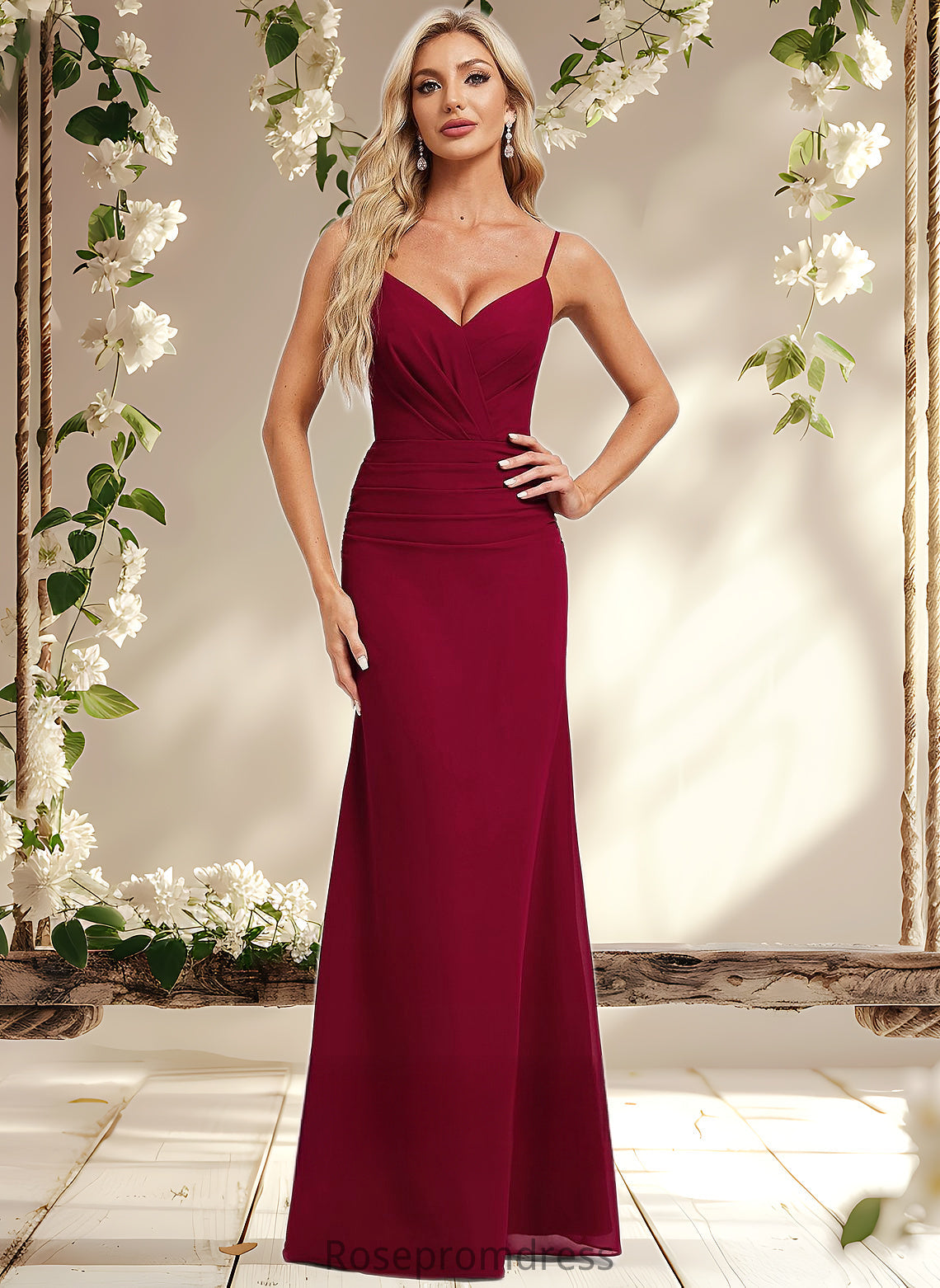 Nathalie Trumpet/Mermaid V-Neck Floor-Length Chiffon Bridesmaid Dress DSP0025825