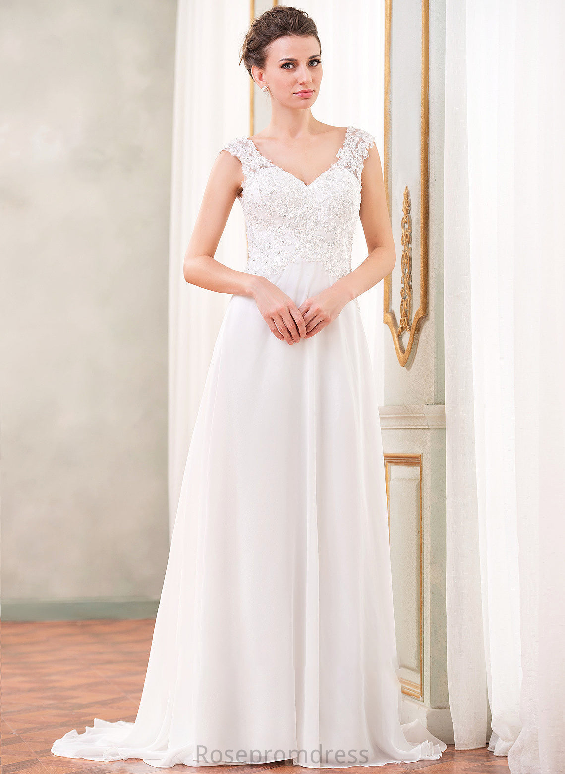 Emilee Wedding Dresses V-neck A-Line With Sweep Beading Wedding Train Lace Dress Sequins Chiffon