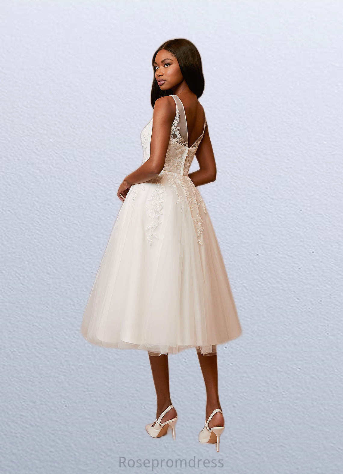 Polly A-Line Lace Satin Tea-Length Dress SRSP0020051