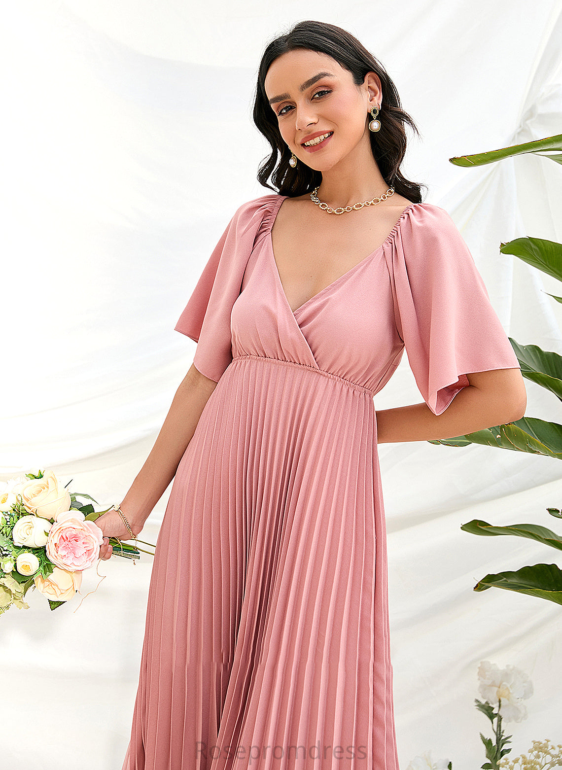 Neckline Fabric Length Pleated Silhouette Tea-Length A-Line V-neck Embellishment Jamiya A-Line/Princess Natural Waist Bridesmaid Dresses