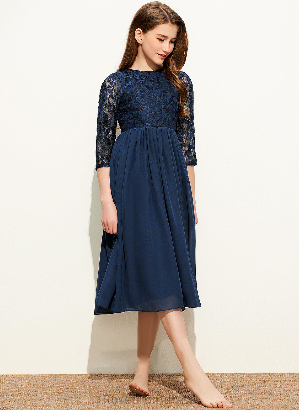 Junior Bridesmaid Dresses Nicky Tea-Length Scoop Neck Lace A-Line Chiffon