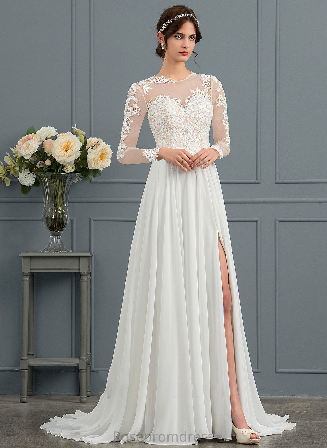 Front A-Line Sweep Illusion Wedding Dresses Dress Split Wedding With Lace Michaela Chiffon Train Appliques