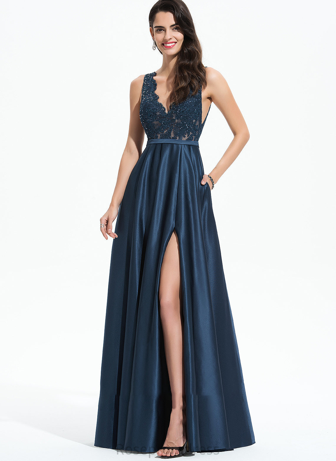 Prom Dresses Satin Pockets Lace Katherine With Sequins A-Line Floor-Length Split Front V-neck