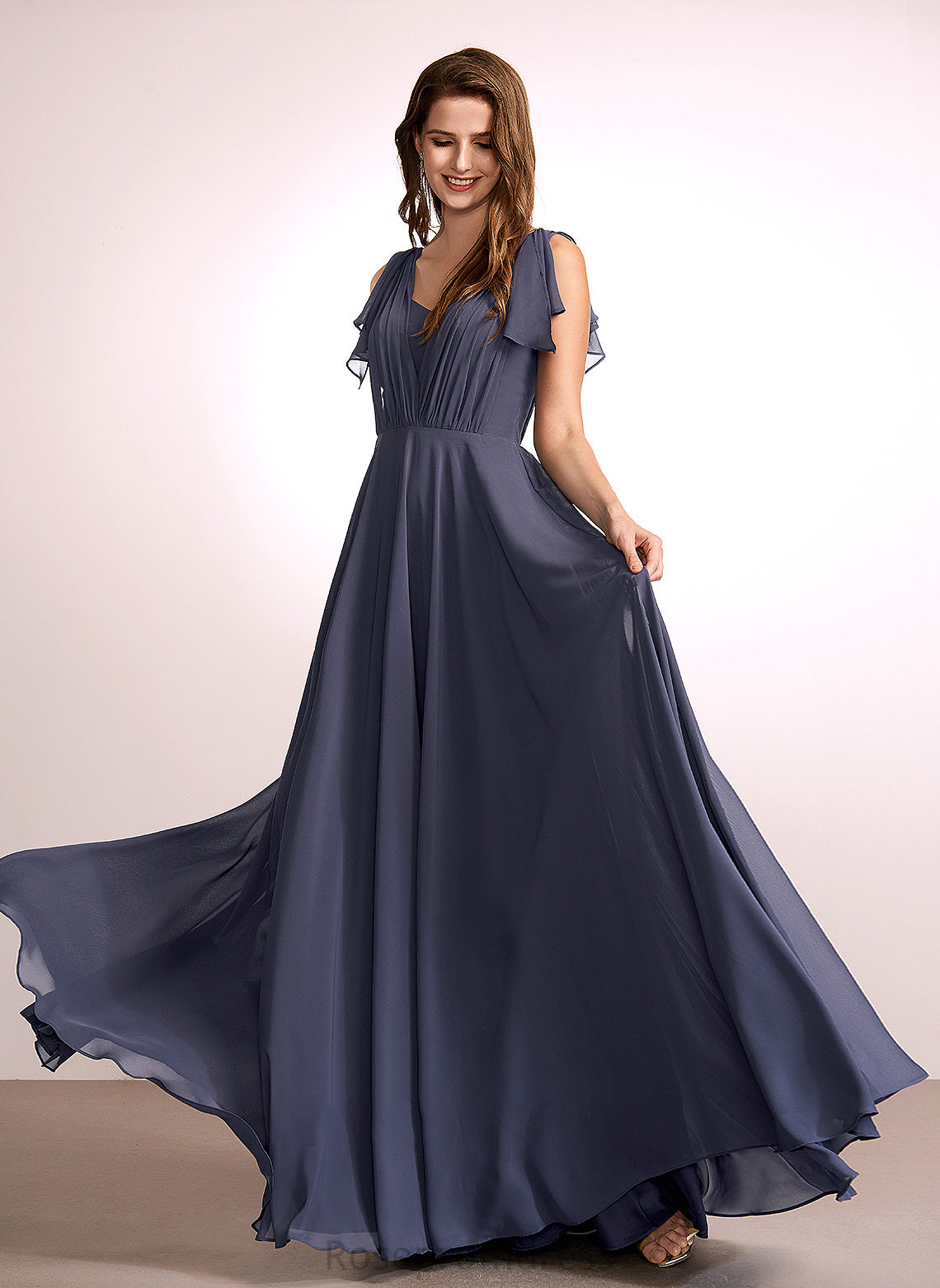 Neckline Ruffle Fabric Silhouette V-neck A-Line Floor-Length Length Embellishment Emma Scoop Sleeveless Bridesmaid Dresses