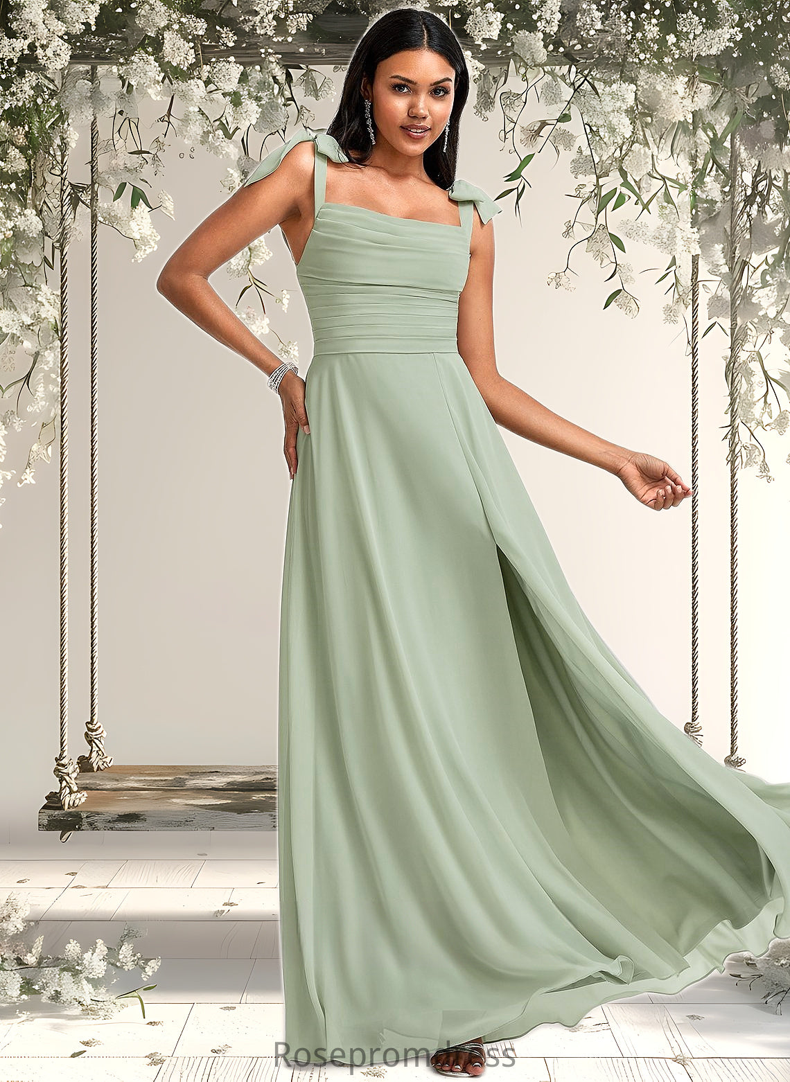 Shyann A-line Cowl Floor-Length Chiffon Bridesmaid Dress With Bow DSP0025738