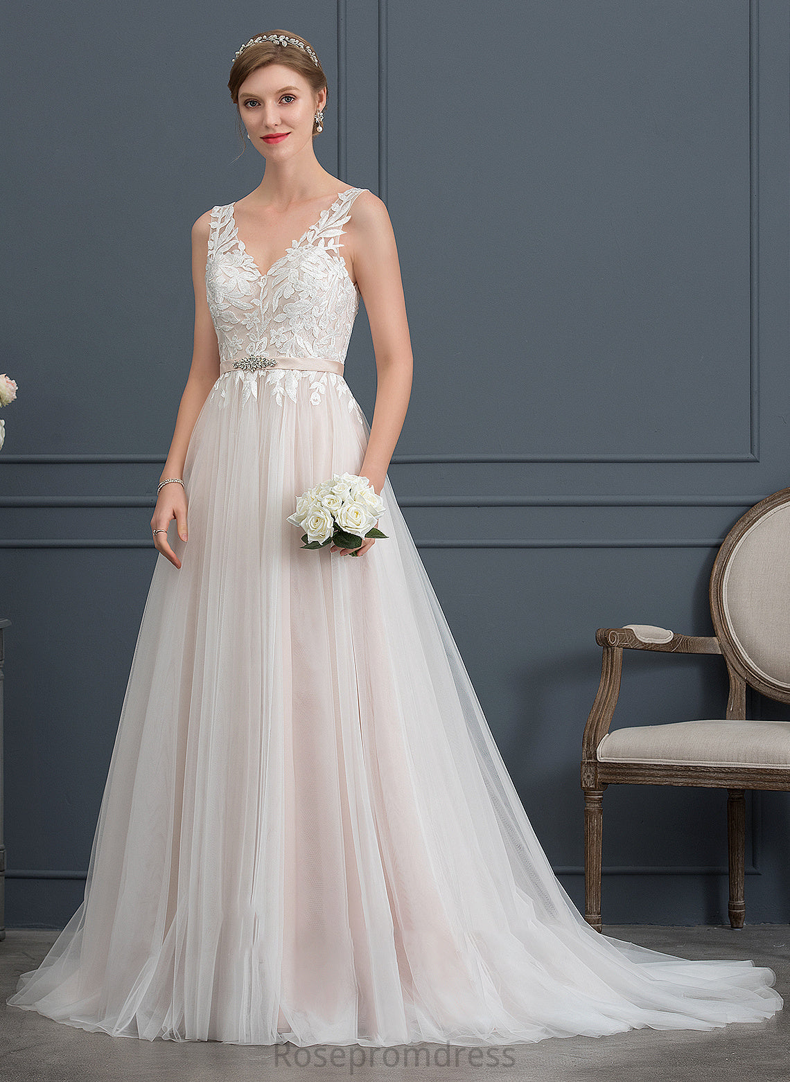 Court Wedding With Train Beading Dress A-Line Wedding Dresses V-neck Tulle Sharon