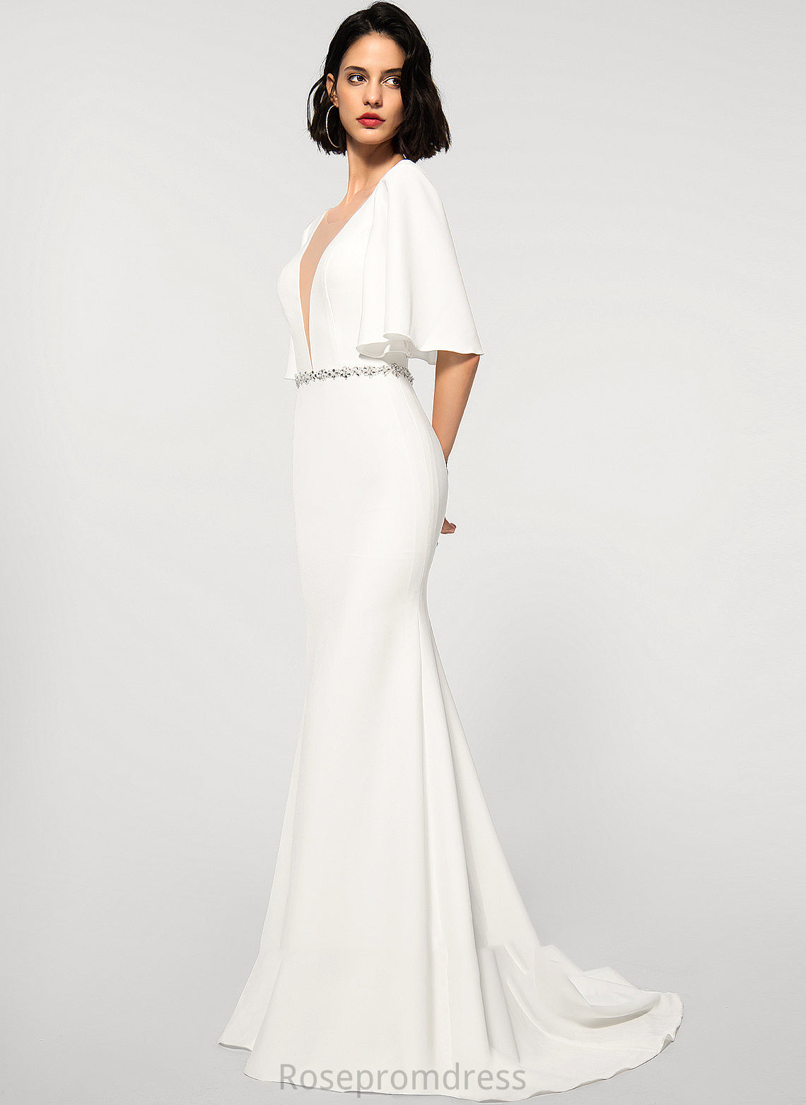 Daphne Beading Stretch Dress Wedding With Crepe Trumpet/Mermaid Wedding Dresses Sweep V-neck Train