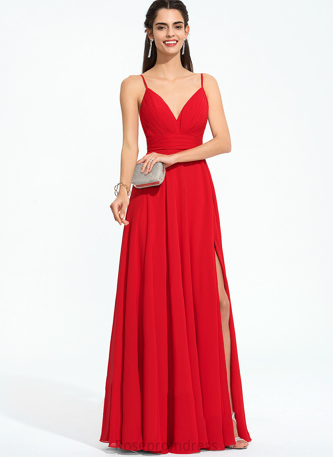 Olga A-Line Chiffon V-neck Prom Dresses Floor-Length Ruffle With