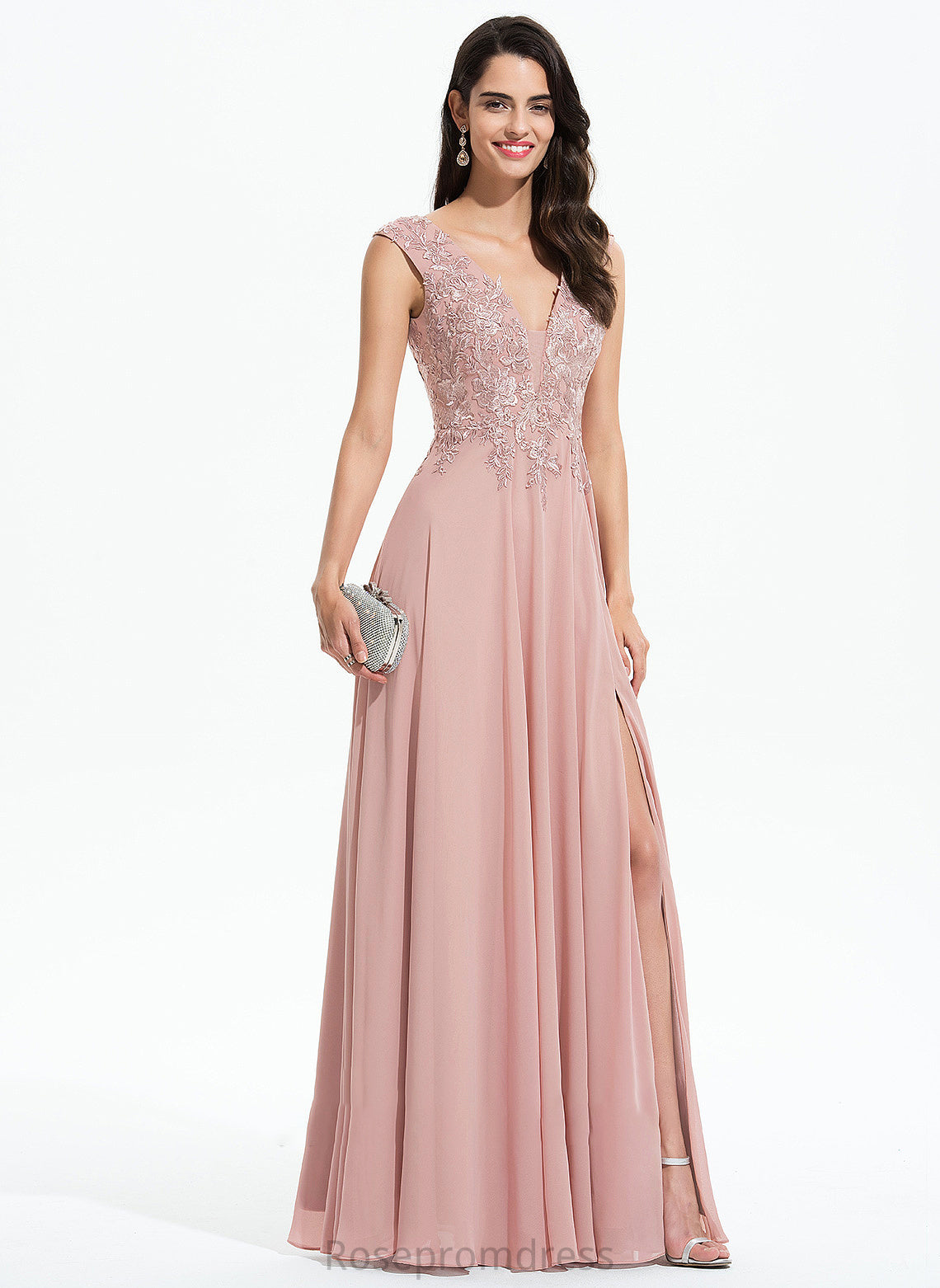 Prom Dresses Front Floor-Length Lace Split Chiffon A-Line Destiny V-neck With