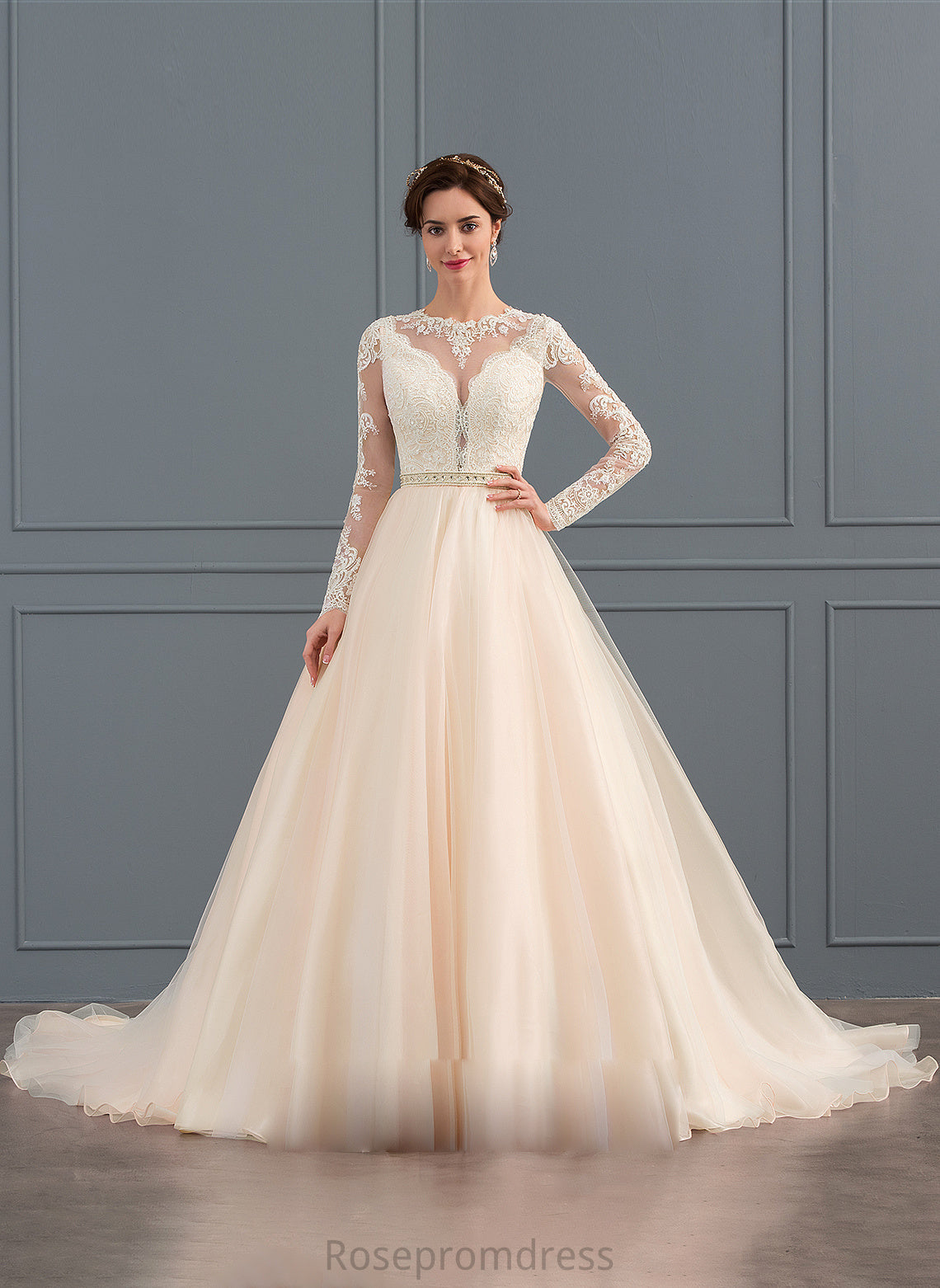 Chapel Neck Scoop Wedding Dress Wedding Dresses Tulle Cailyn Beading Train Ball-Gown/Princess With