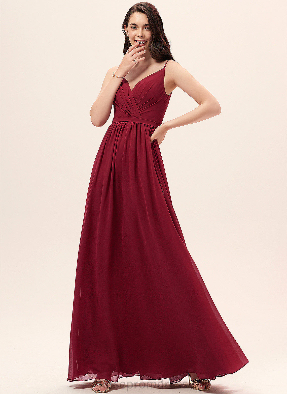 Ruffle Lace Silhouette A-Line Fabric Neckline Floor-Length Length Embellishment V-neck Halle Sleeveless Bridesmaid Dresses