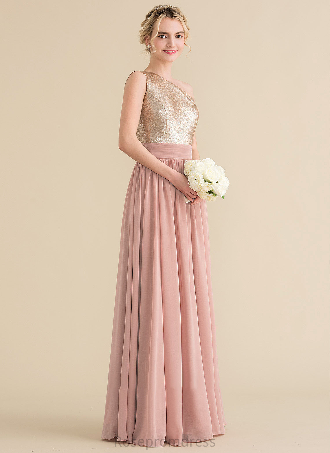 One-Shoulder A-Line Sequined Silhouette Straps Fabric Neckline Length Floor-Length Gillian Bridesmaid Dresses
