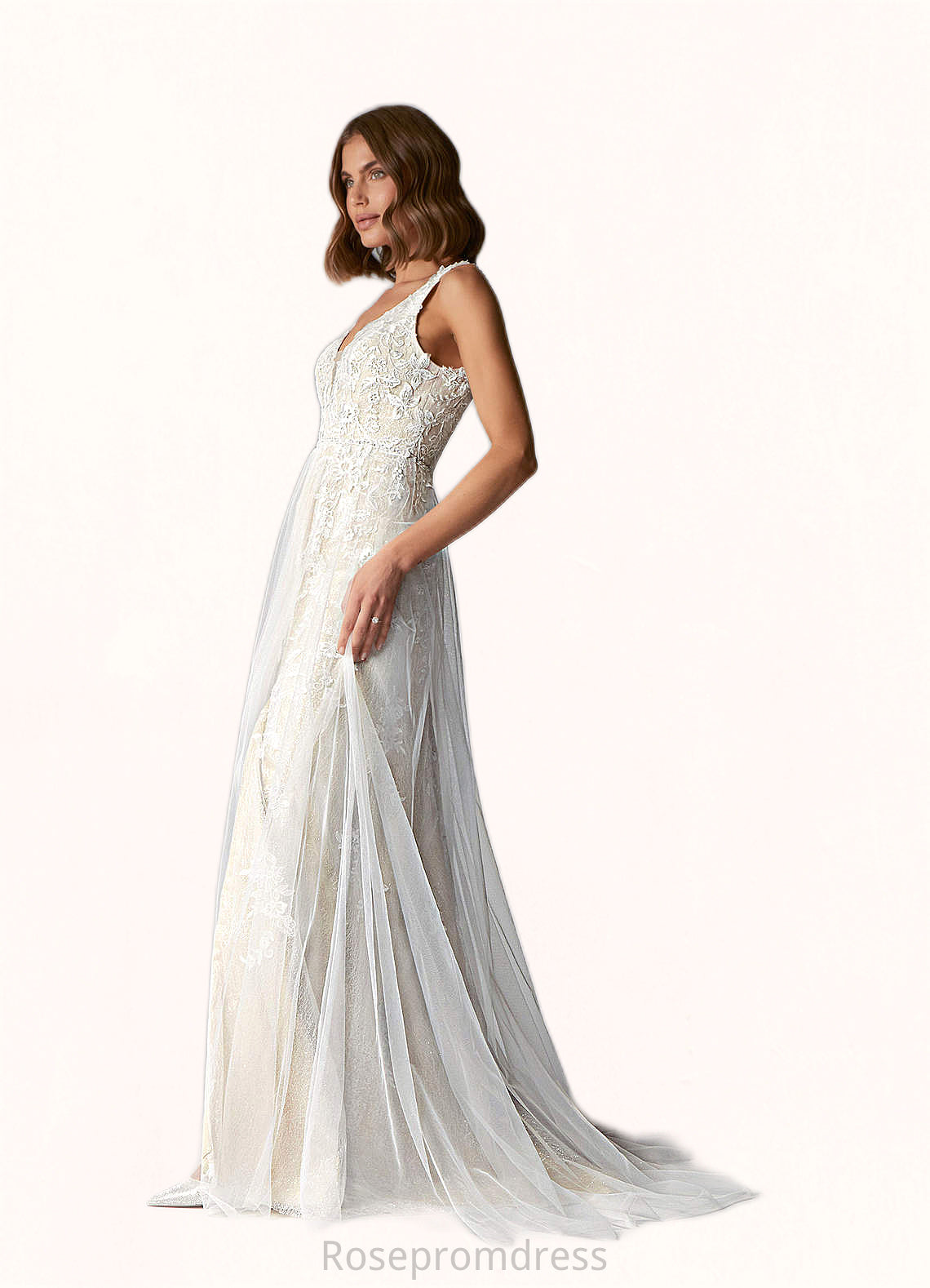 Angeline A-Line Sequins Lace Sweep Train Dress SRSP0020106