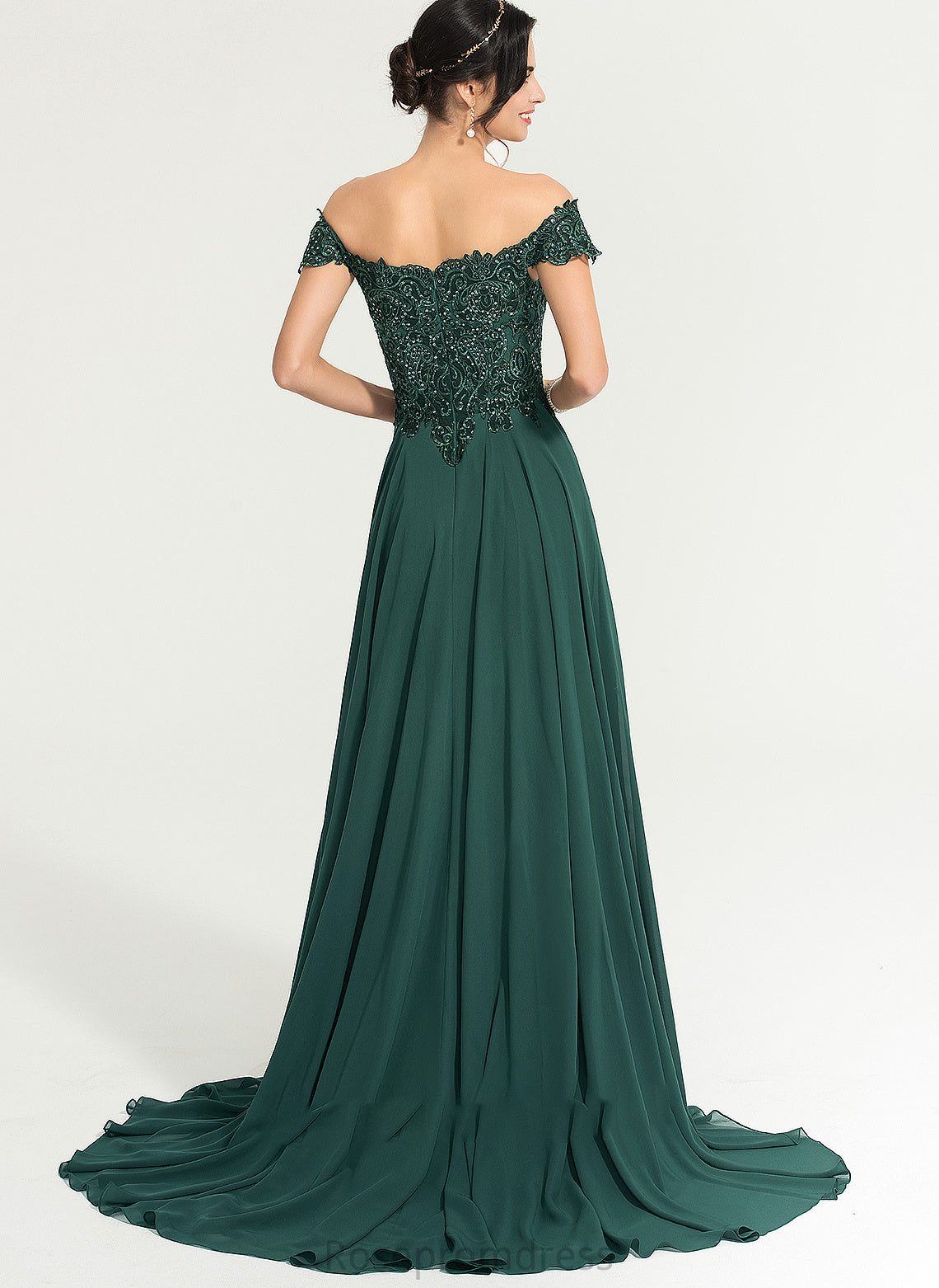 Off-the-Shoulder Prom Dresses A-Line Chiffon Split Sweep Front Janae Train With Sequins