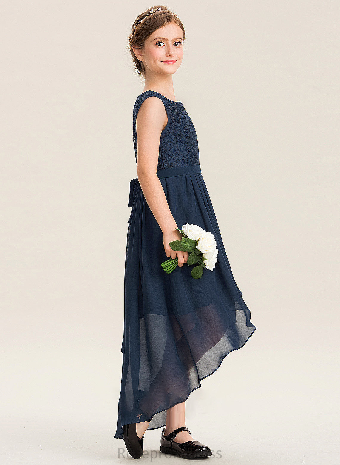 Bow(s) Junior Bridesmaid Dresses Ruffles With Chiffon A-Line Camille Asymmetrical Neck Scoop Cascading Lace
