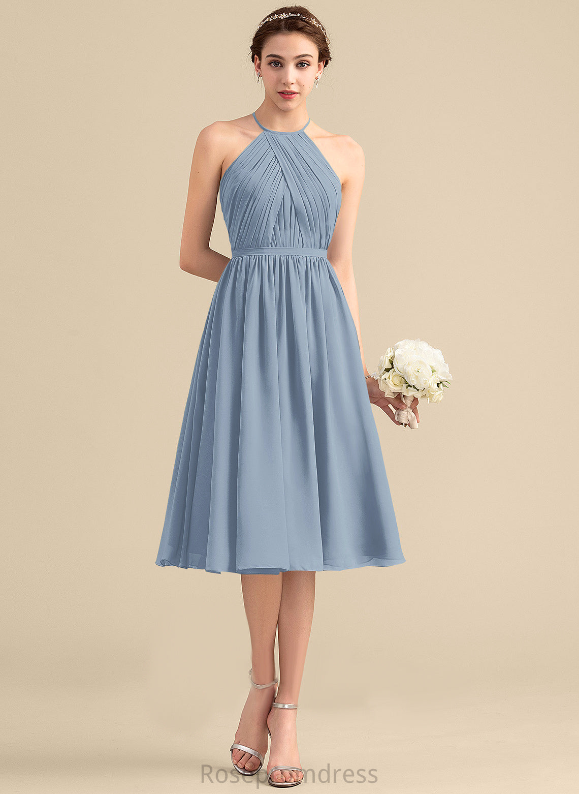 Neckline Fabric Length A-line Silhouette Straps&Sleeves Scoop Knee-Length Sasha Sleeveless Natural Waist V-Neck Bridesmaid Dresses