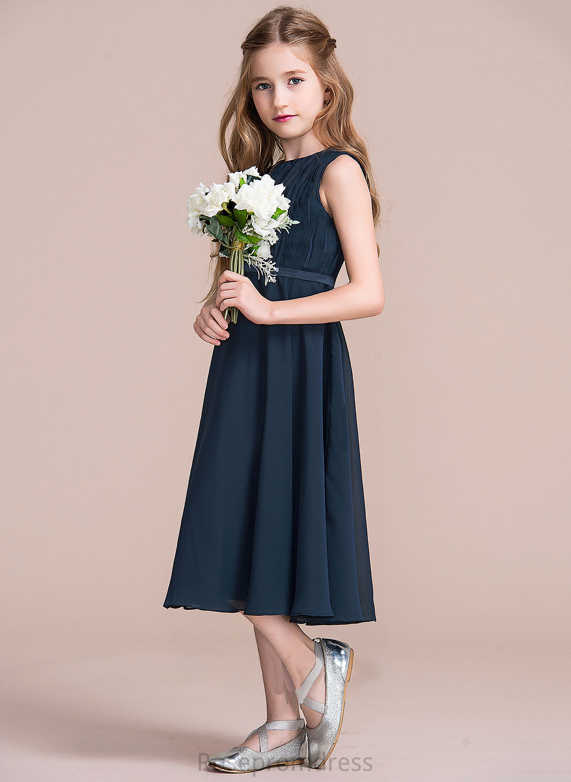 Neck Winnie Tea-Length Junior Bridesmaid Dresses With Scoop Chiffon Ruffle A-Line