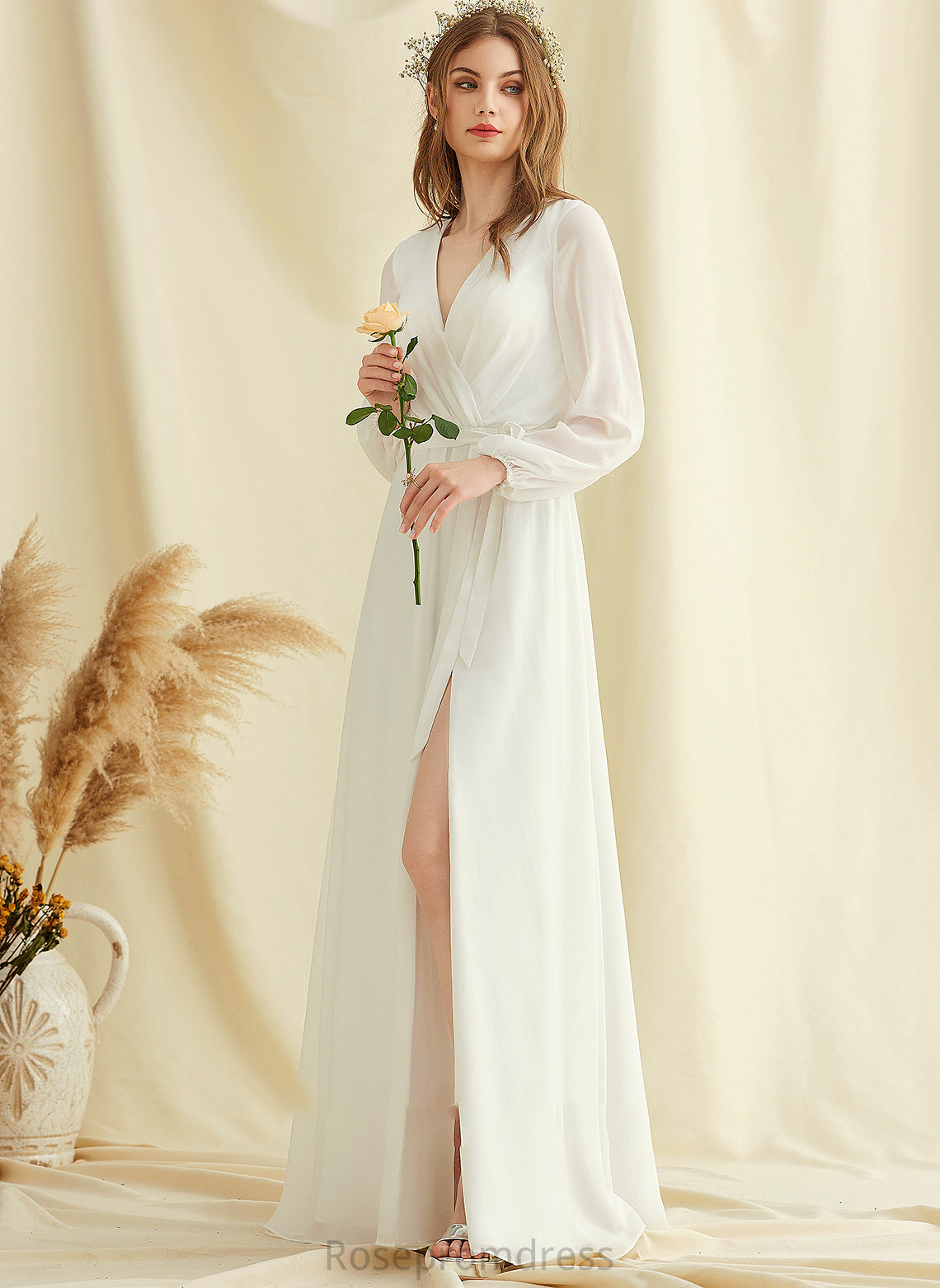 Chiffon Gracie Front Wedding Dresses V-neck A-Line Floor-Length Dress With Split Wedding