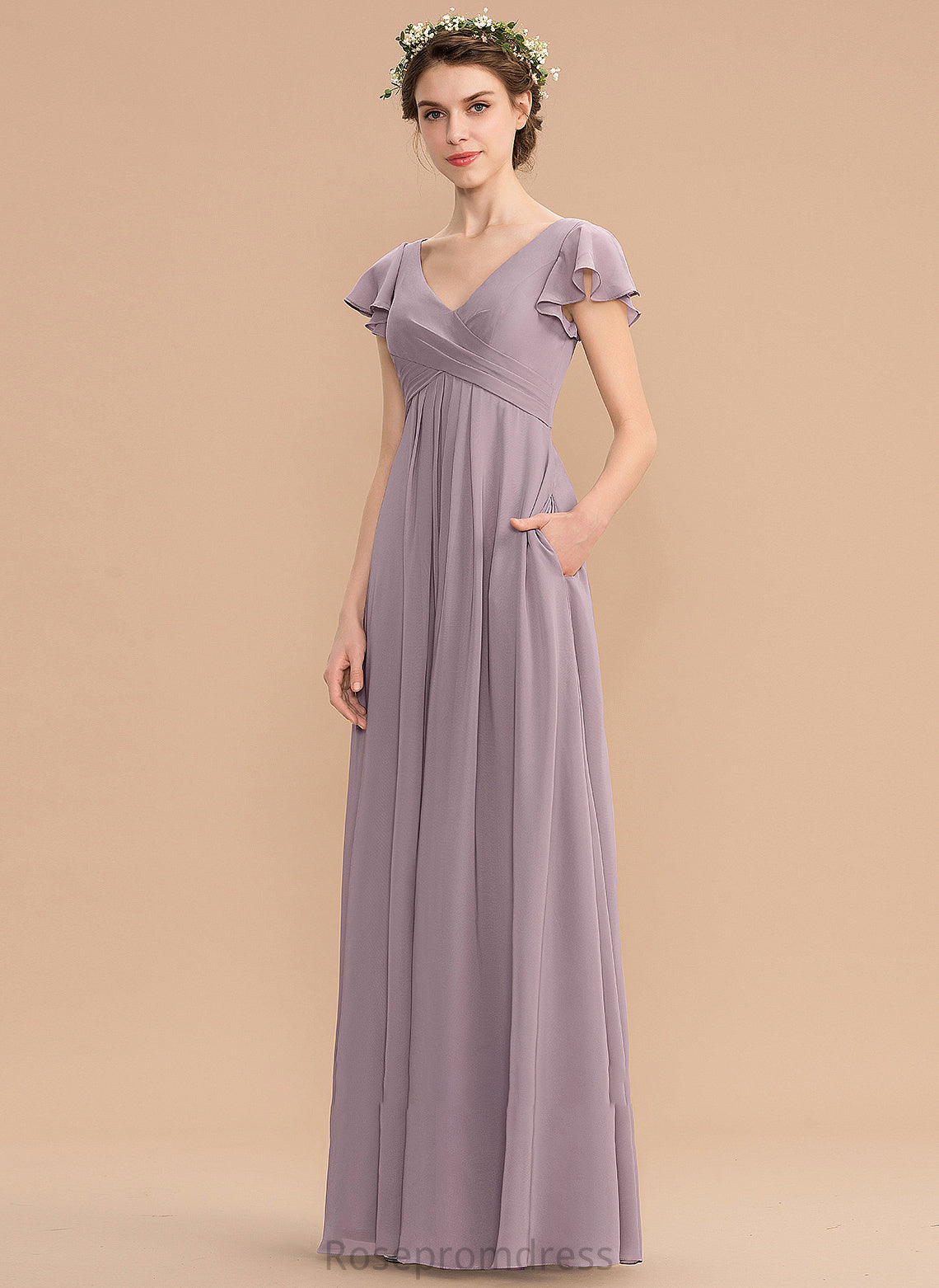 A-Line Length Embellishment Pockets Neckline CascadingRuffles Silhouette Floor-Length V-neck Fabric Cameron Bridesmaid Dresses