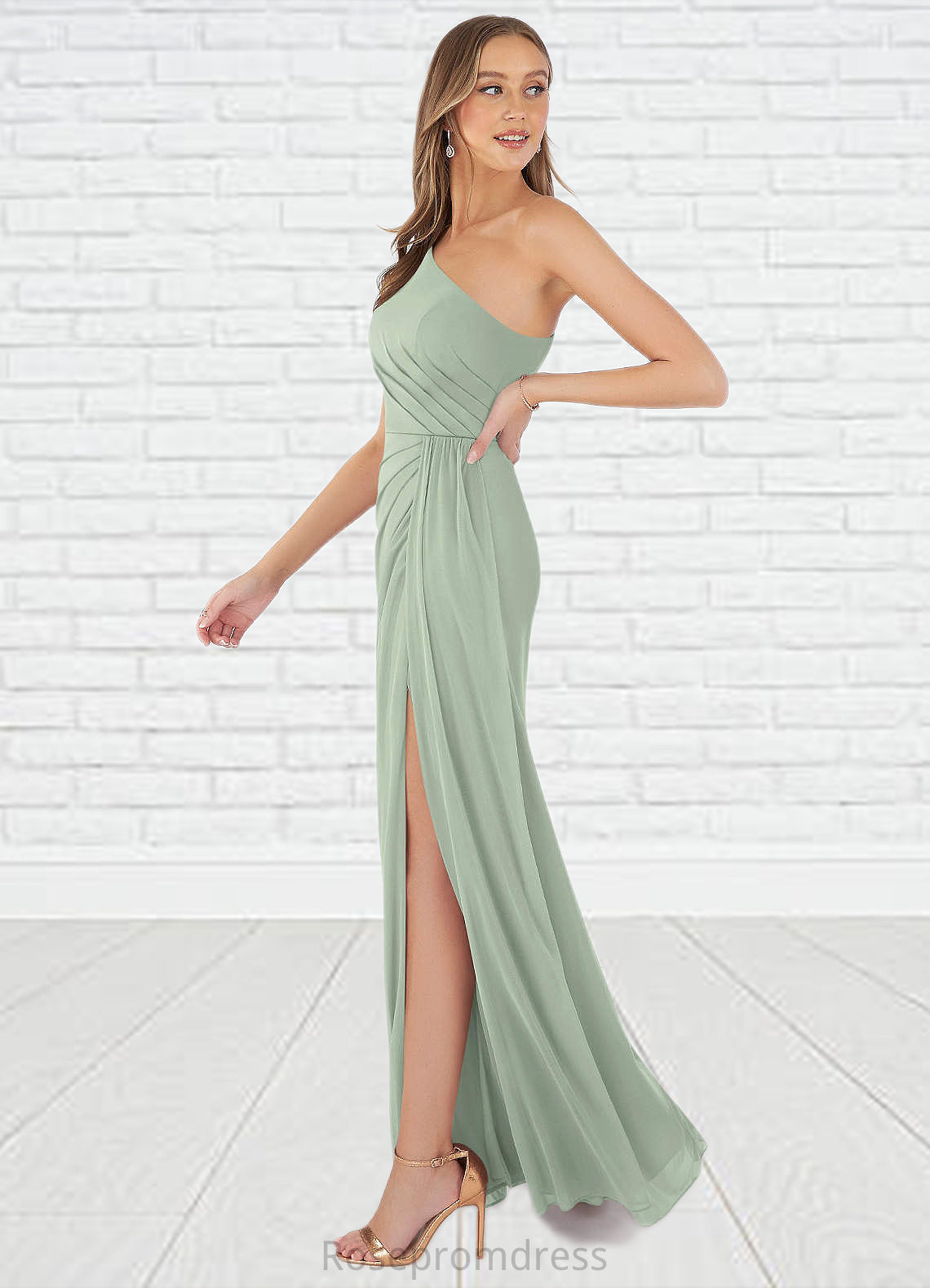 Sherry Sheath One Shoulder Mesh Floor-Length Dress SRSP0019635