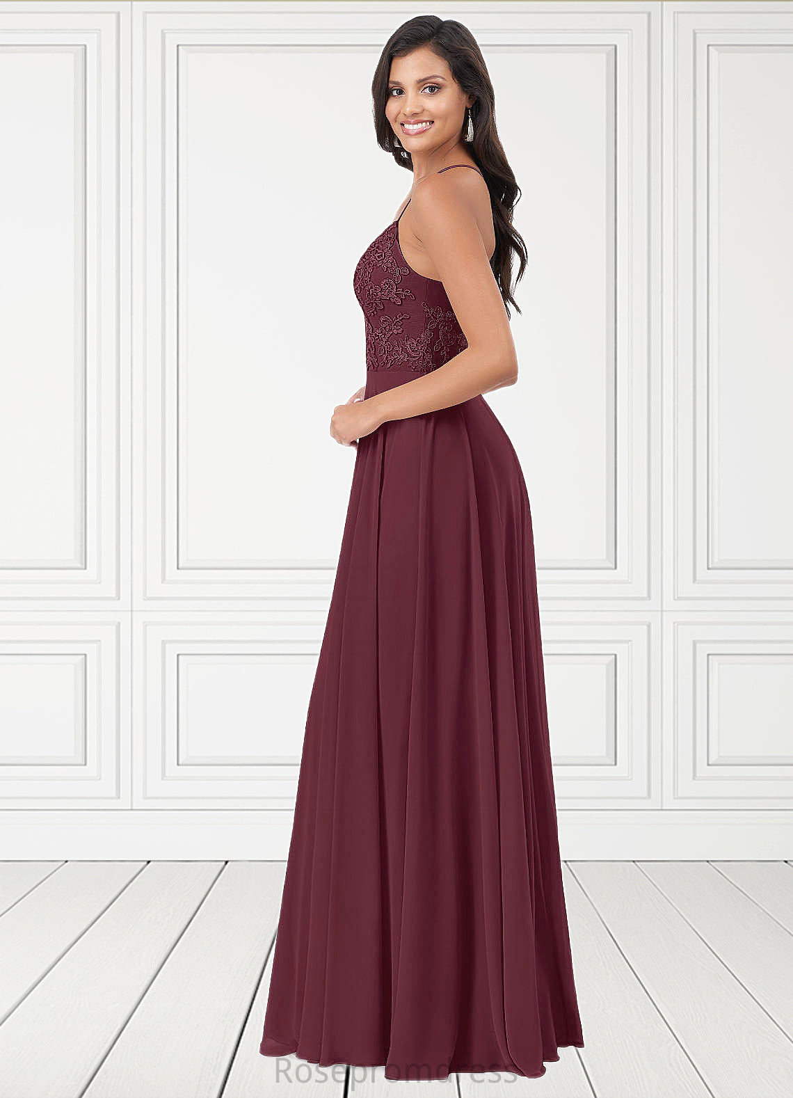 Bridget A-Line Lace Chiffon Floor-Length Dress SRSP0019641