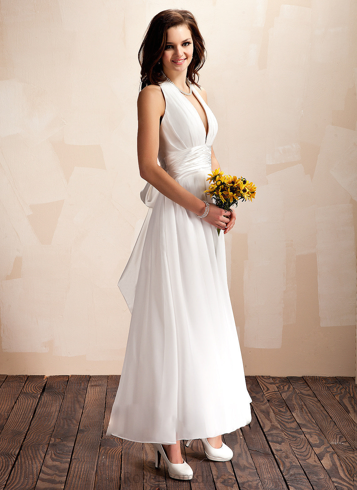 Ankle-Length Halter Chiffon Dress Wedding Dresses A-Line Wedding With Bow(s) Novia Ruffle