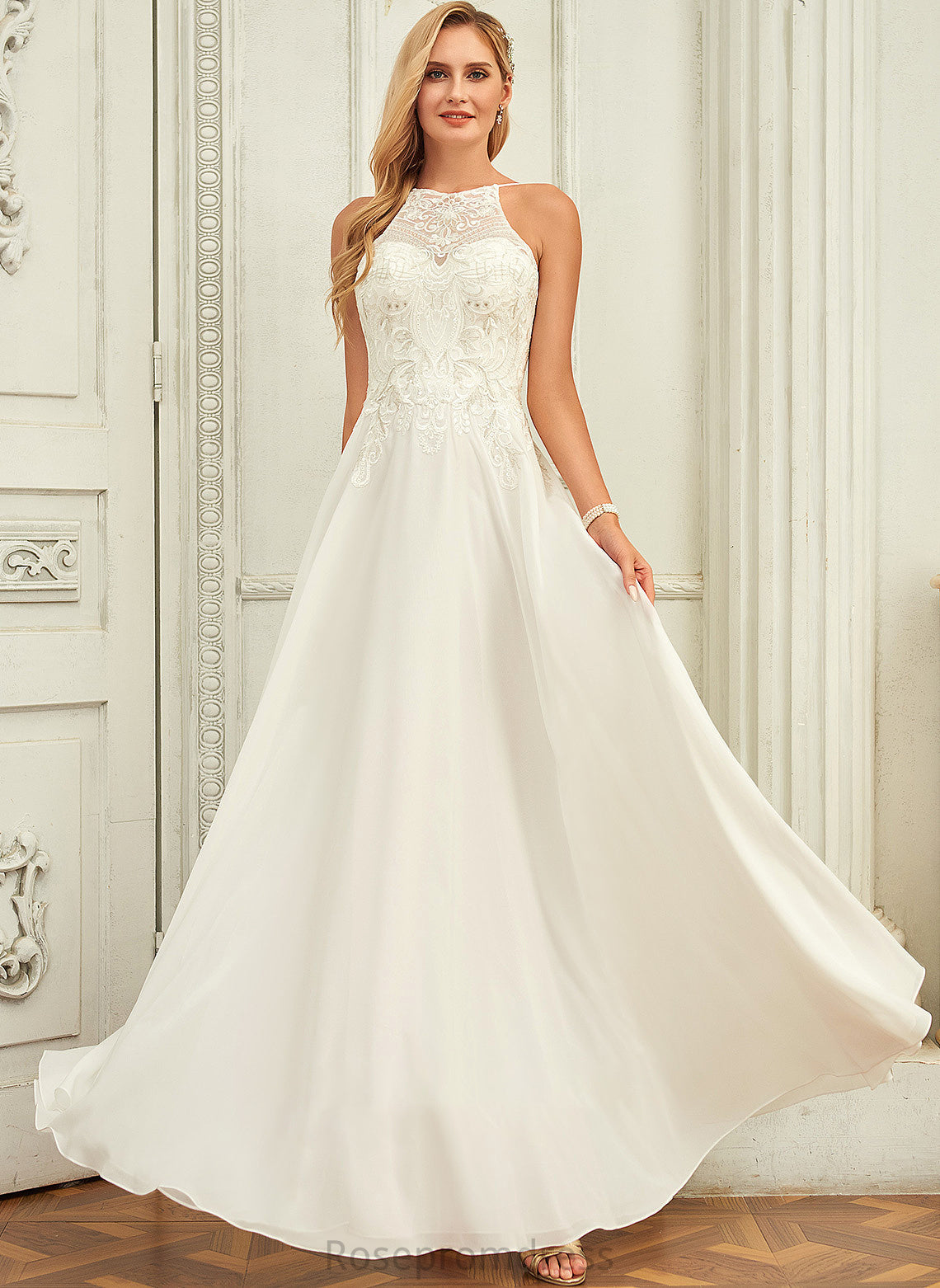 Ellie Wedding A-Line Floor-Length Lace Wedding Dresses Scoop Dress Chiffon Neck