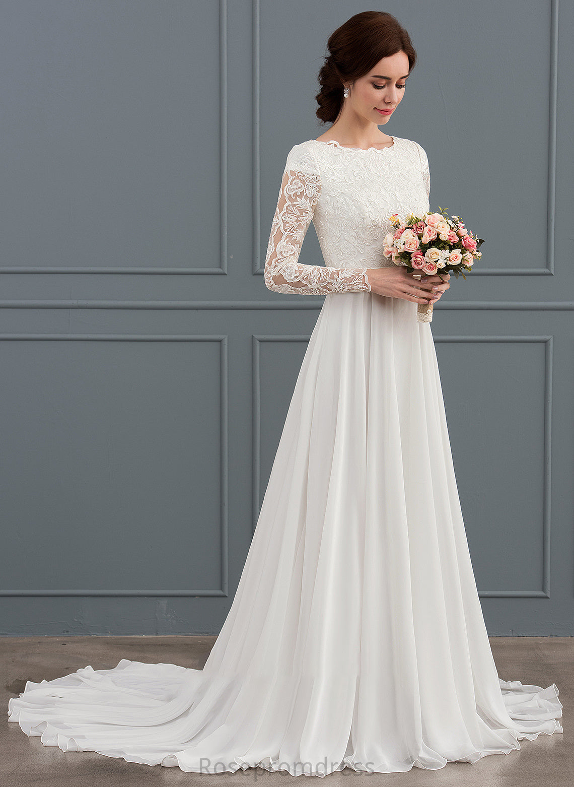 Beading Neck Train Chiffon Scoop Wedding Dresses With A-Line Dress Court Wedding Yoselin