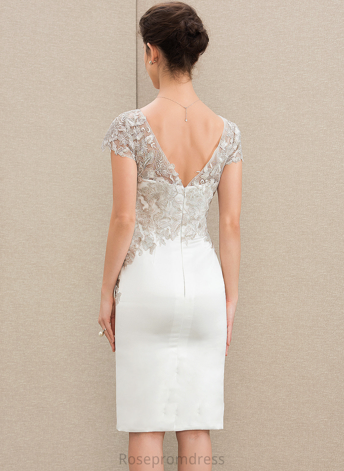 Dress Satin Knee-Length Wedding Dresses Sheath/Column Wedding Lace V-neck Cassie