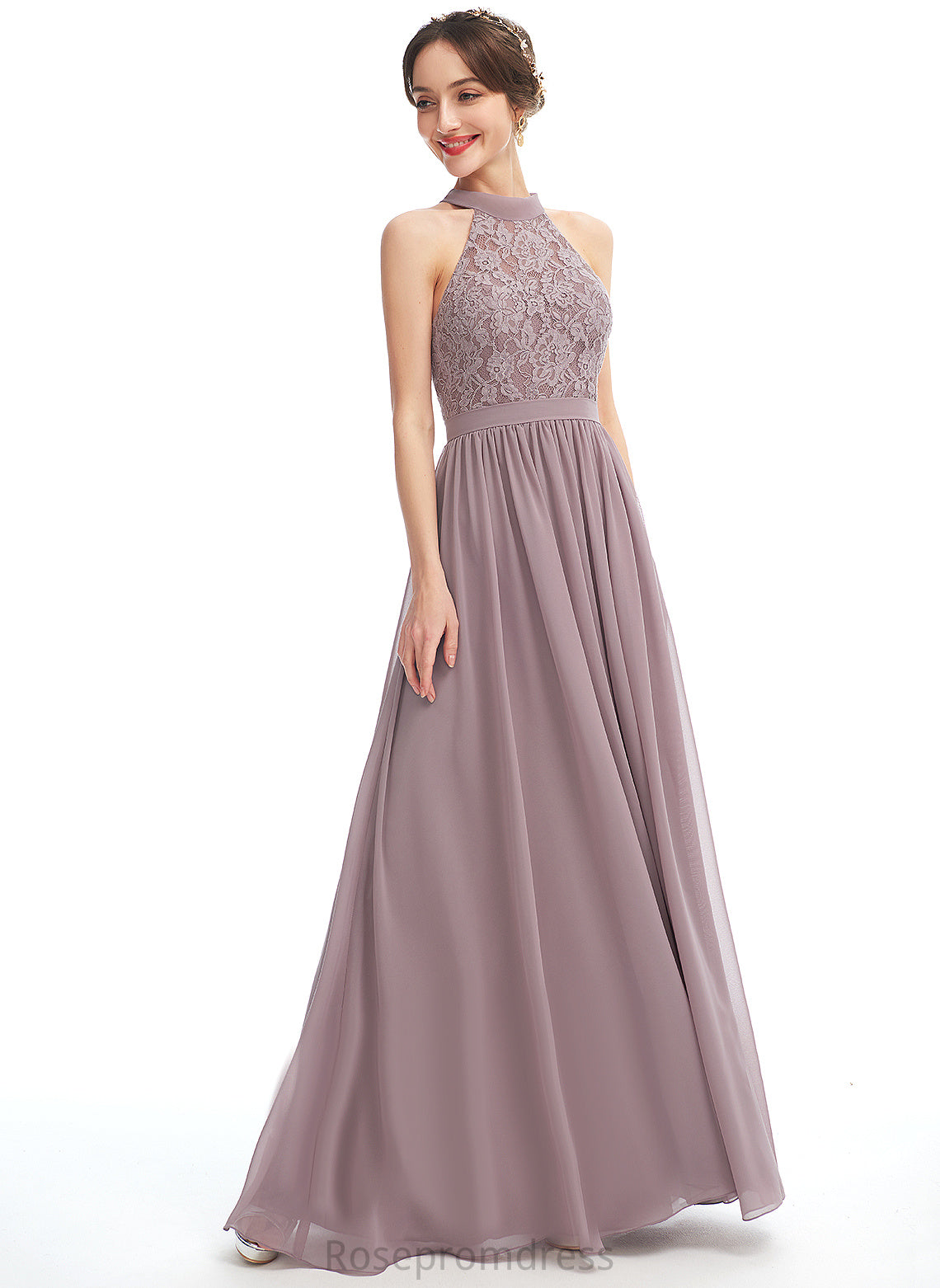 A-line Lace Floor-Length Fabric Silhouette Halter Length Straps&Sleeves Neckline Geraldine Bridesmaid Dresses