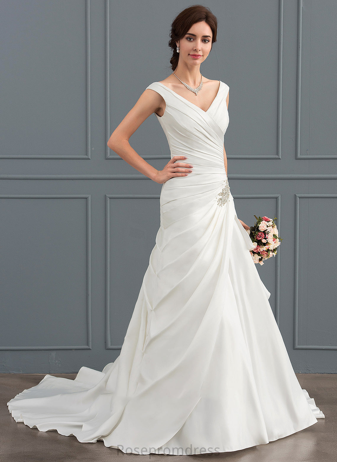Dress Court Beading Jordyn Train Wedding Dresses A-Line Satin V-neck With Wedding
