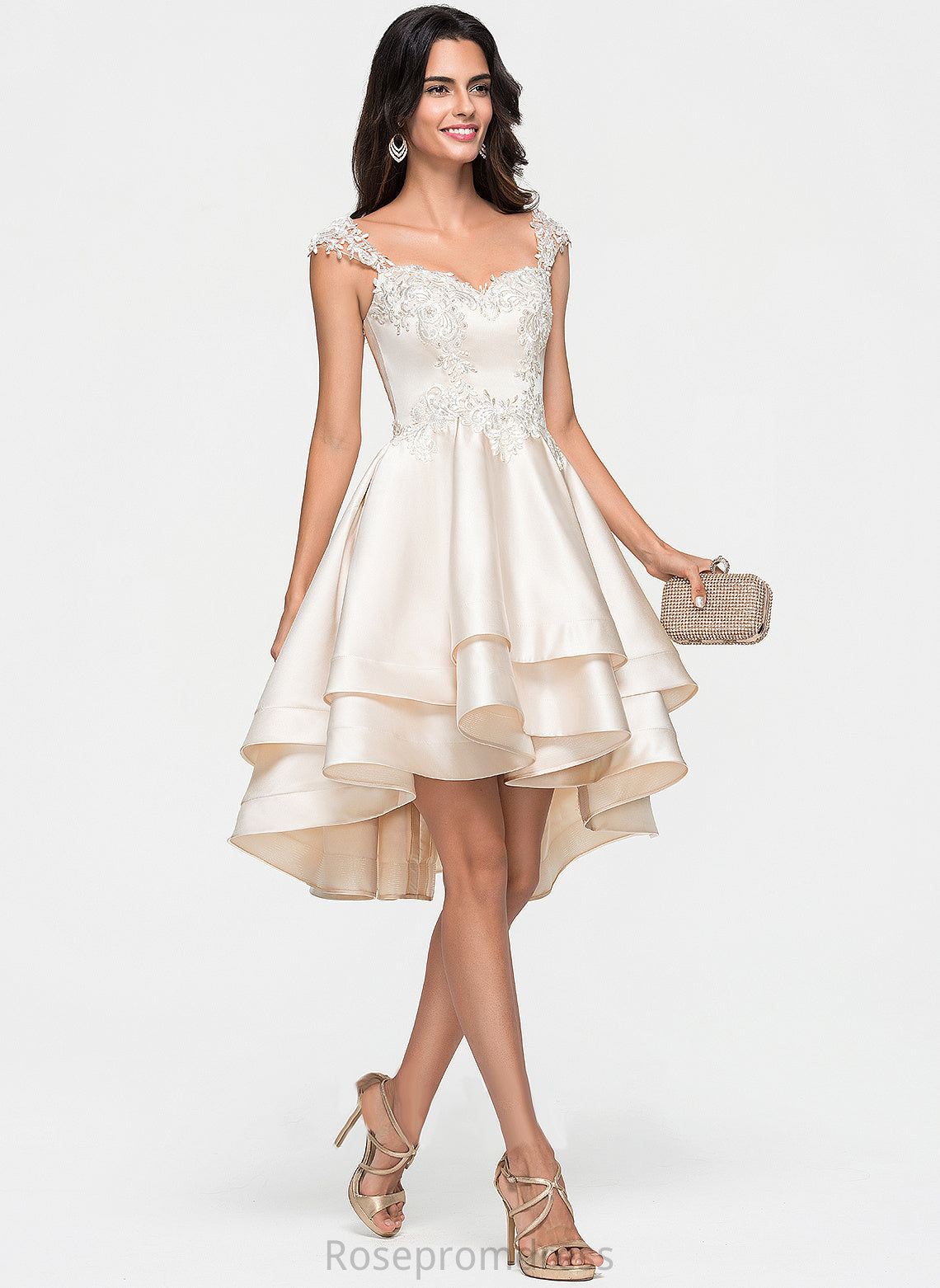 Ruffles Beading Lace Prom Dresses Satin Sweetheart Kristen Cascading Asymmetrical With A-Line