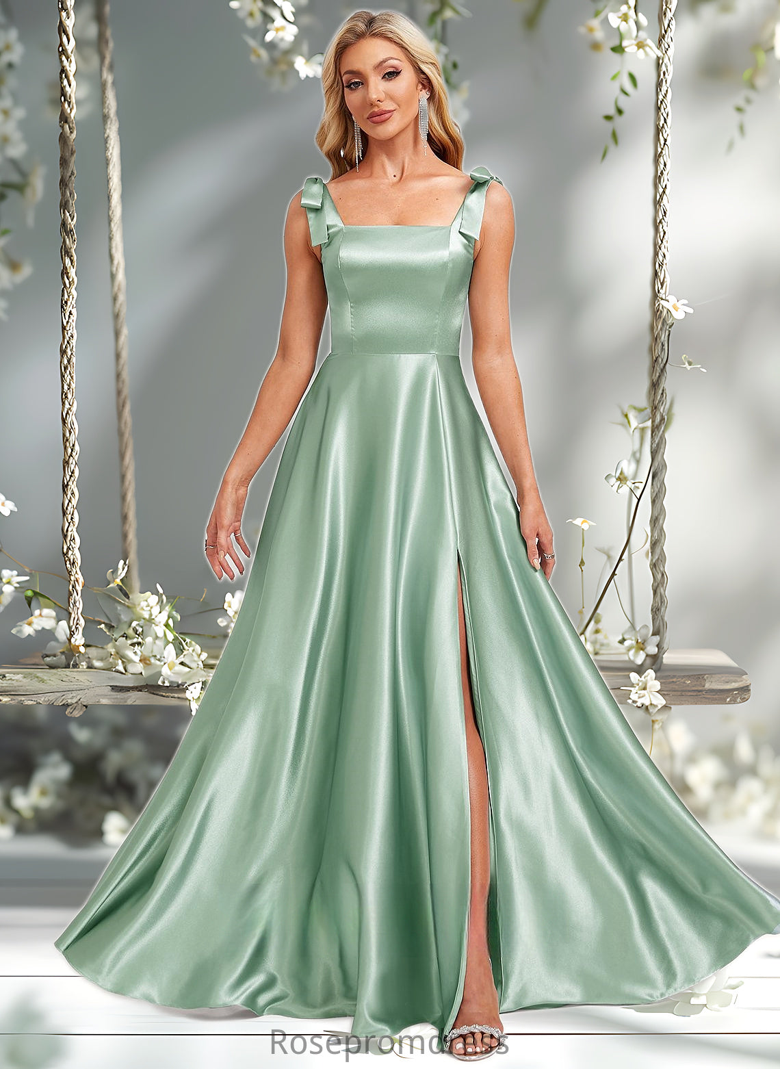 Marley A-line Square Floor-Length Stretch Satin Bridesmaid Dress With Bow DSP0025788