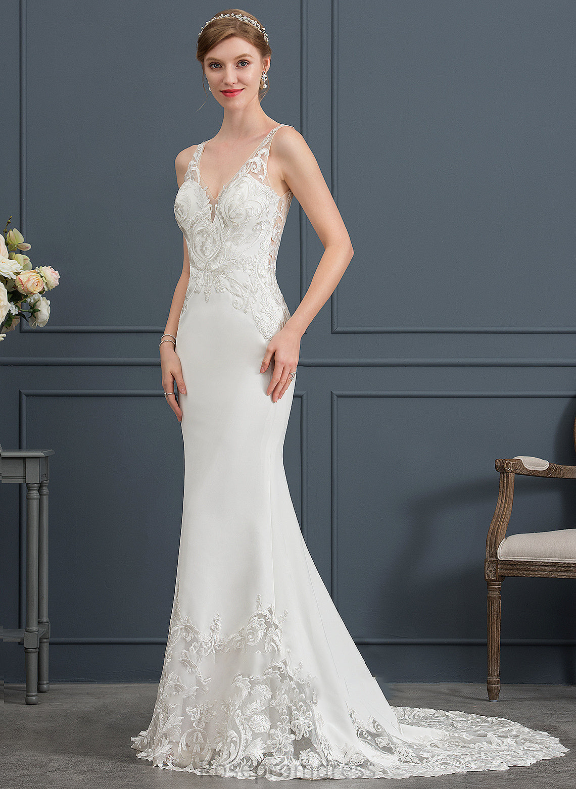 Court Trumpet/Mermaid Crepe Wedding Dresses Dress V-neck Train Stretch Wedding Addyson
