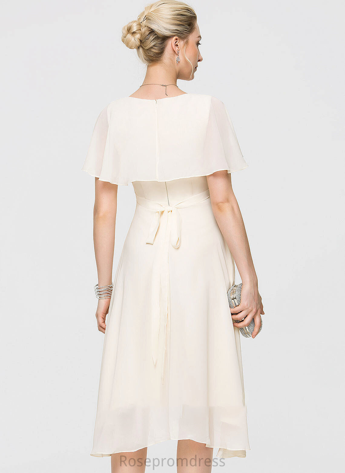 A-Line Ruffles Asymmetrical Wedding Dress Joyce Chiffon With Wedding Dresses Bow(s) Cascading V-neck
