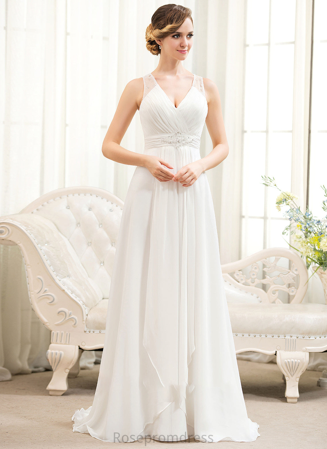 Cascading Wedding Michaela Wedding Dresses Chiffon Beading A-Line V-neck Train With Dress Sweep Ruffles Sequins