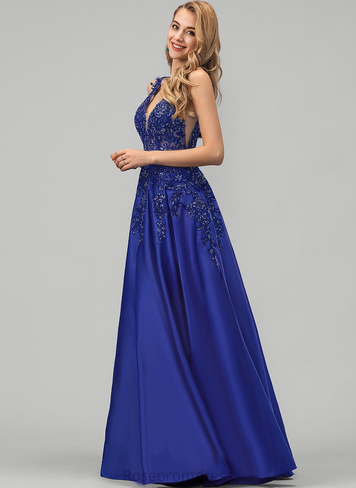 Prom Dresses Floor-Length Sequins With A-Line Angelica Satin V-neck