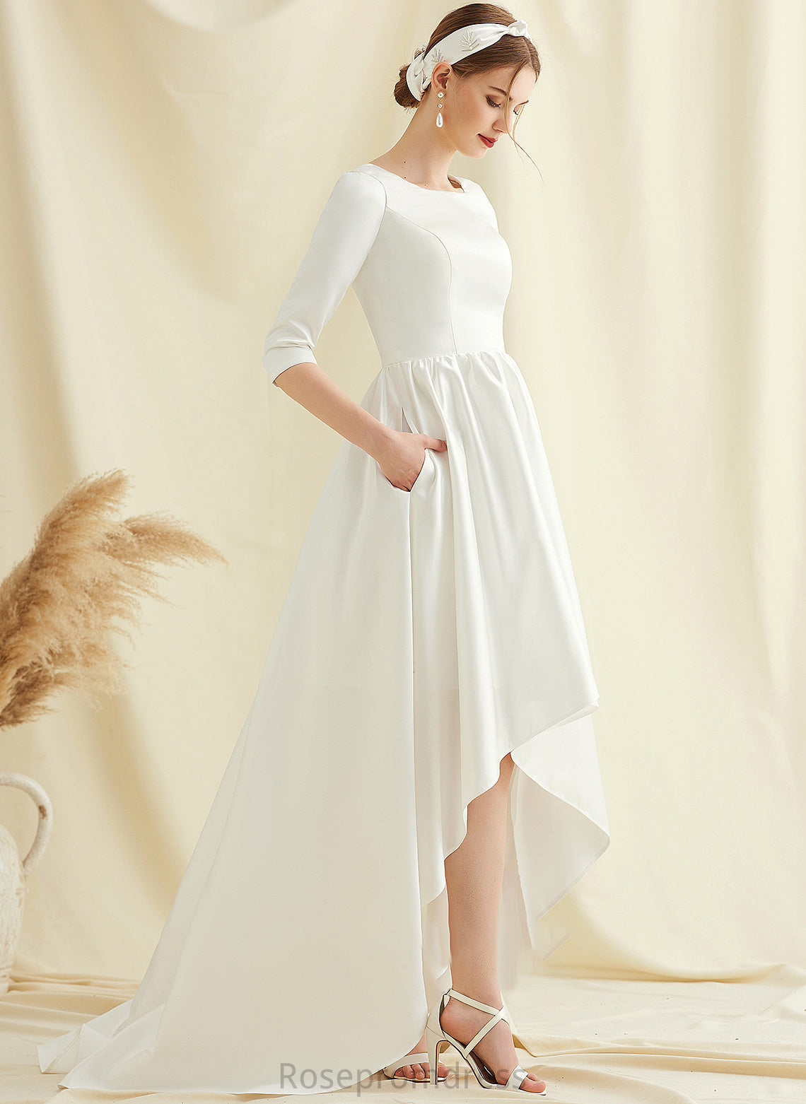 Satin Wedding Cara A-Line Pockets Dress With Wedding Dresses Asymmetrical Neck Scoop